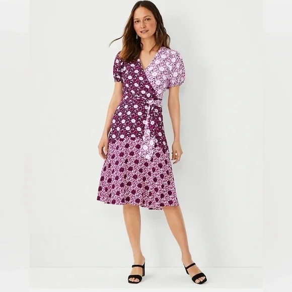 Ann Taylor Mixed Floral Wrap Midi Dress Black Pink Size 2 Petite - Picture 1 of 9